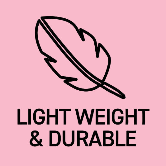 Black and white illustration of a leaf with text 'LIGHT WEIGHT & DURABLE' below it.