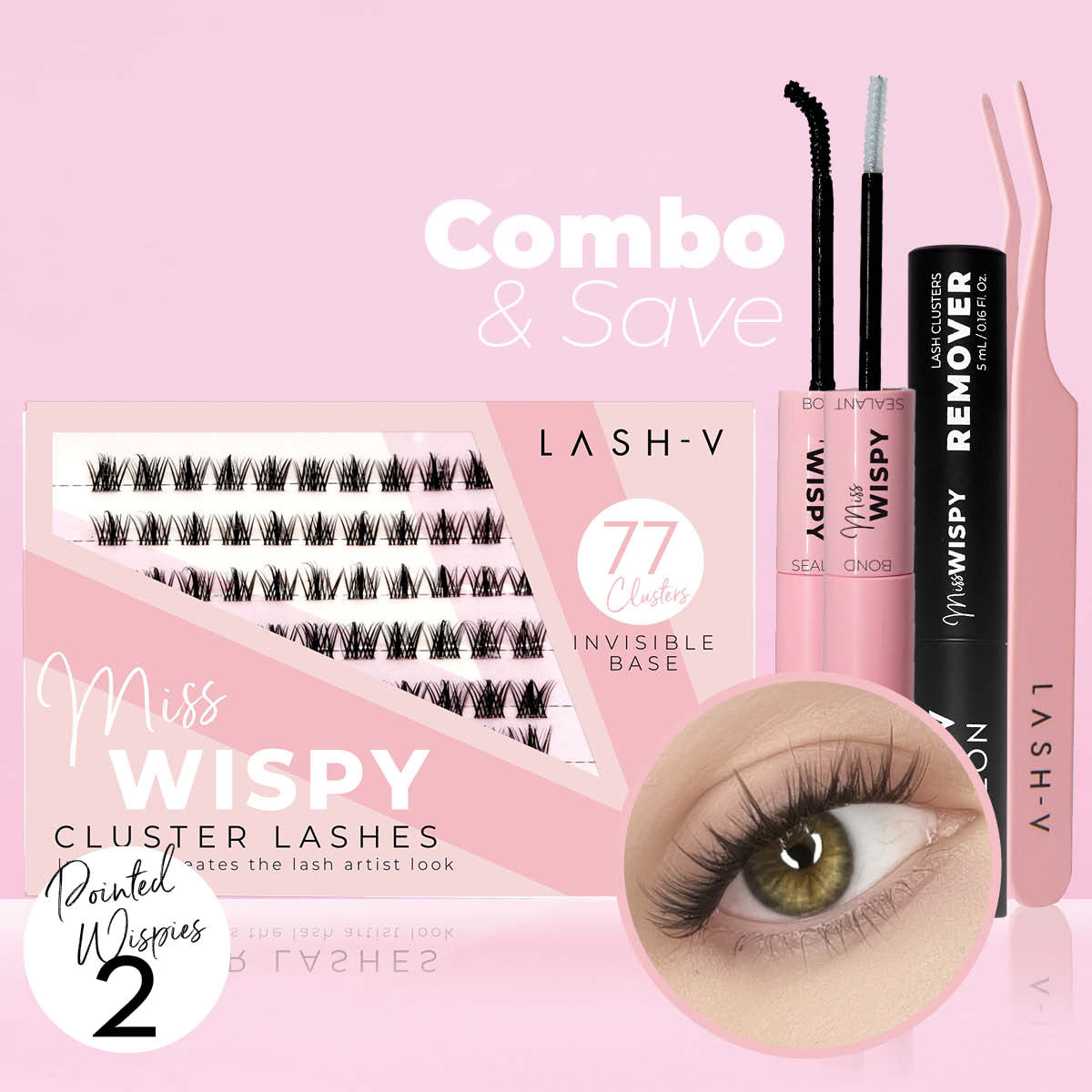 Miss Wispy Cluster Lashes - 77 Clusters Style 2 Pointed Wispies Complete Kit False Eyelashes One V Salon