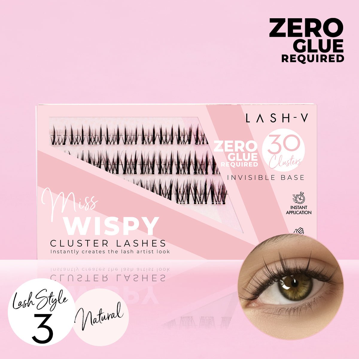 Miss Wispy Cluster Lashes - No Glue - 30 Clusters False Eyelashes One V Salon Lash Style 3 - Natural